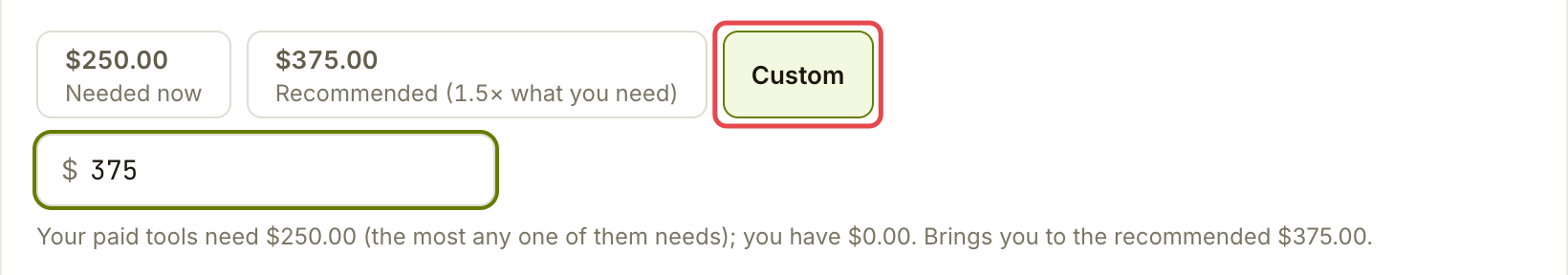 Amount to stake picker with Custom selected and 375 entered
