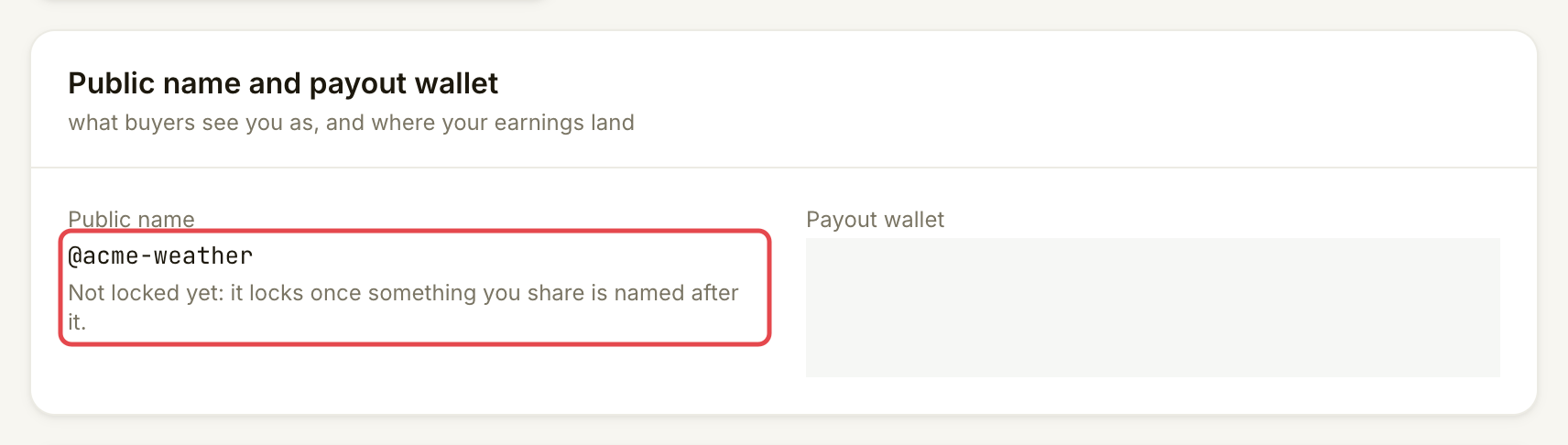 Account Public name card showing @acme-weather and the explanation that it is not locked yet