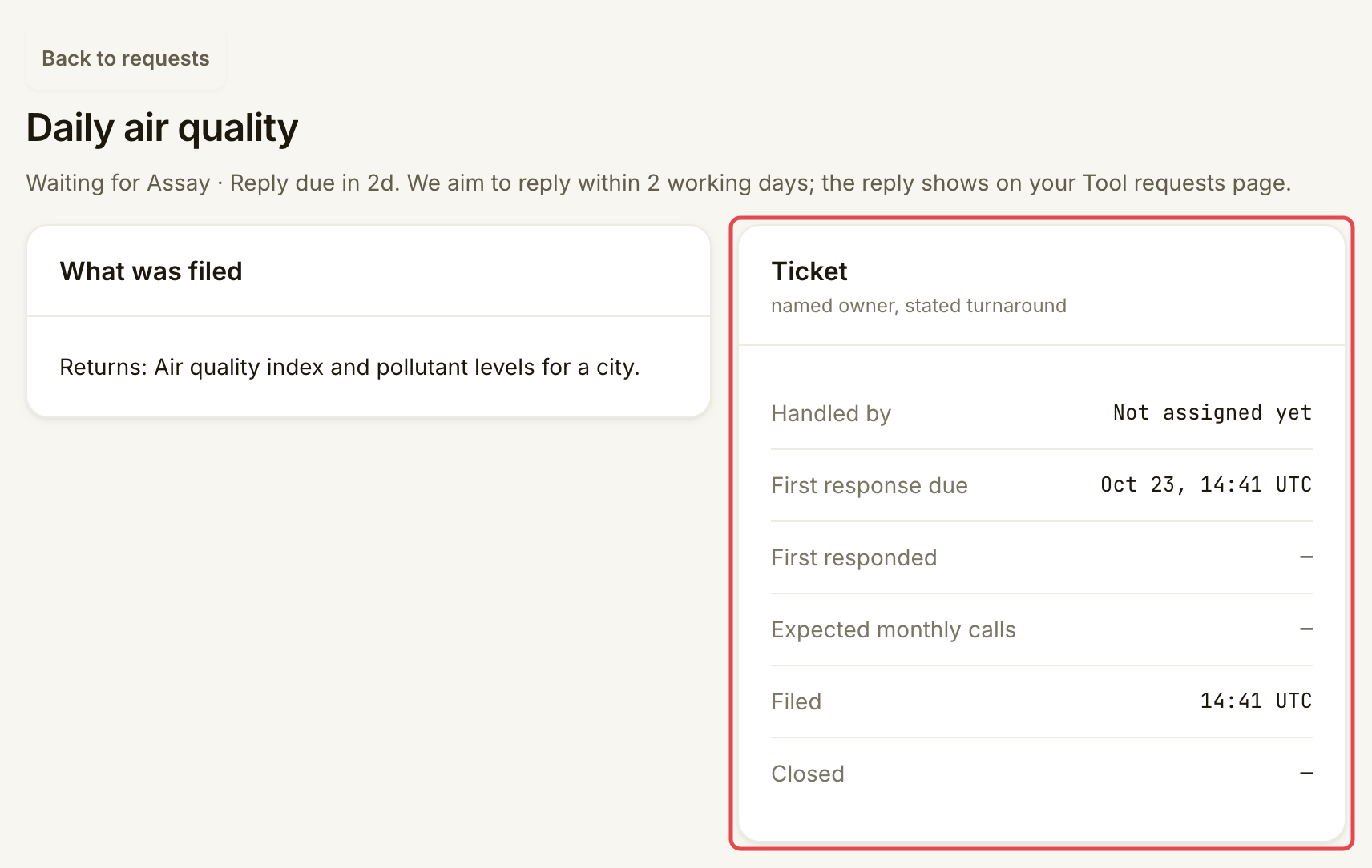 Daily air quality request detail with the Ticket card marked