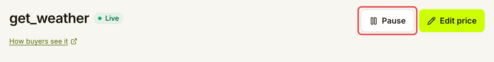 Live get_weather listing header offering Pause again