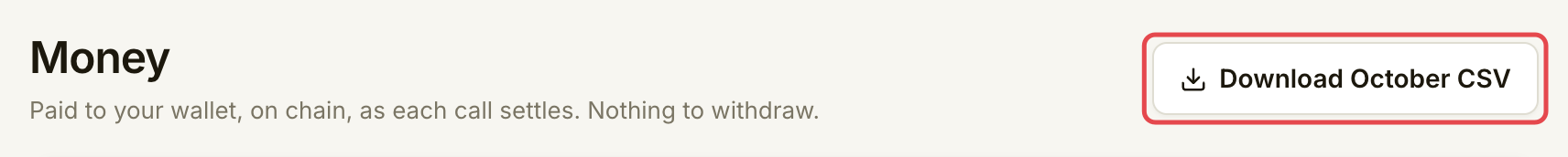 Money page header with the monthly CSV download marked