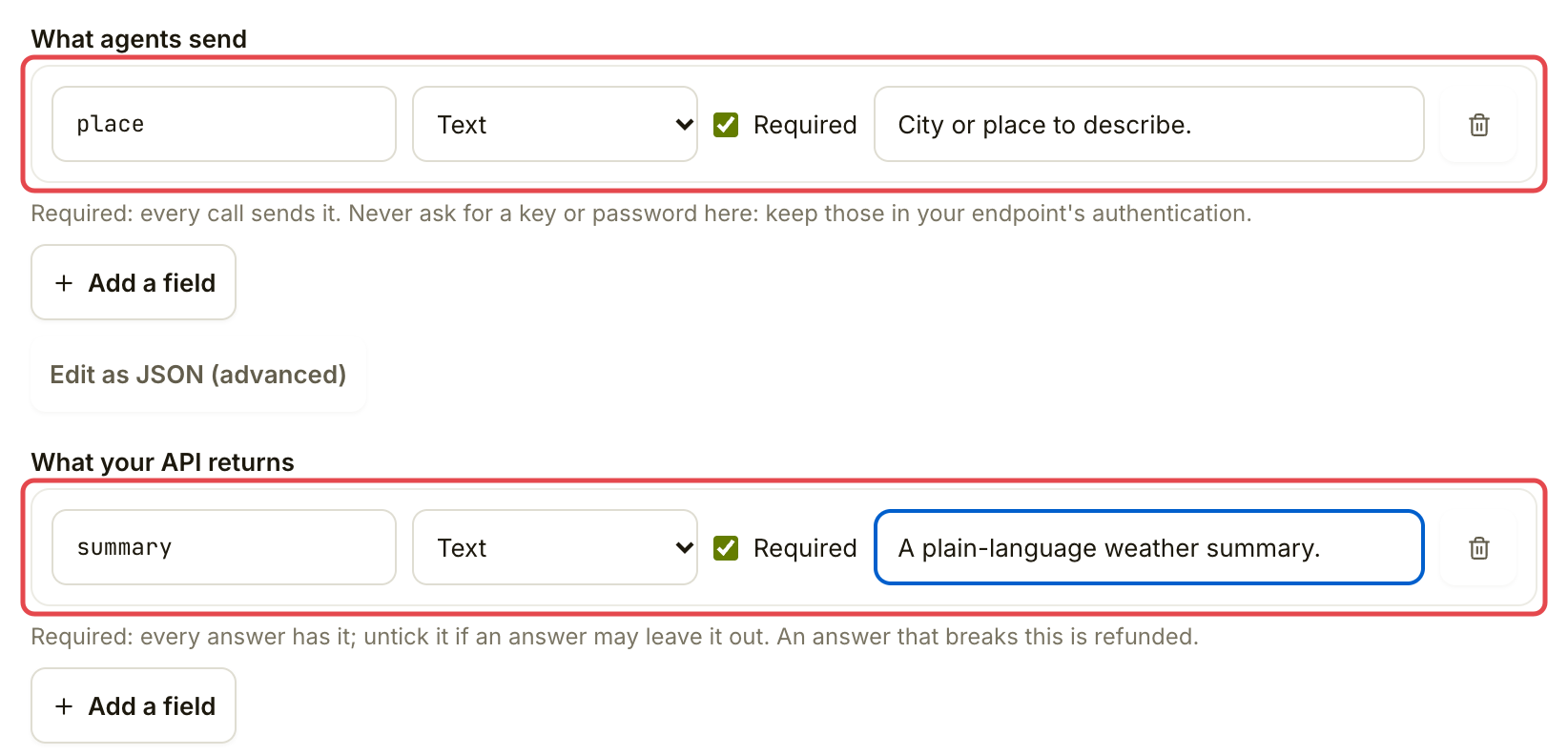 Inputs and outputs field editors with a required place input and summary answer