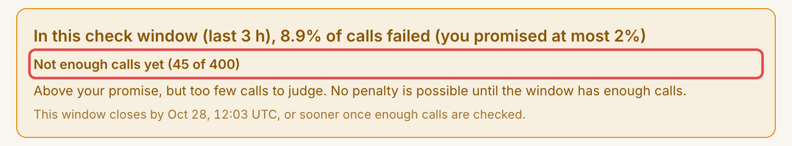 Quality warning showing the checked-call count against the window's minimum and explaining that there are too few calls to judge
