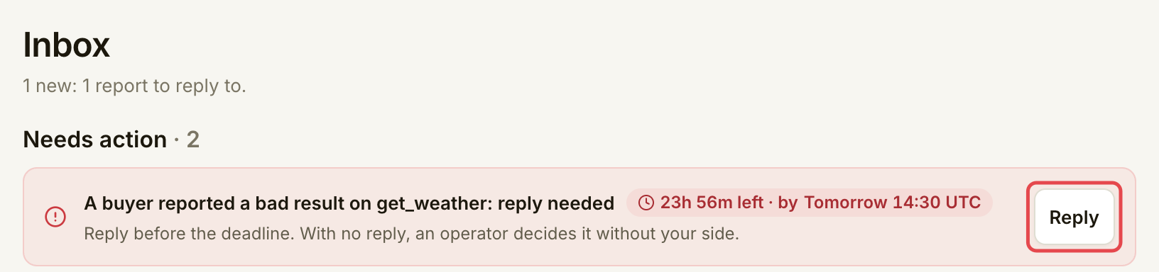 Inbox showing a customer bad-result report, its reply deadline and the Reply button
