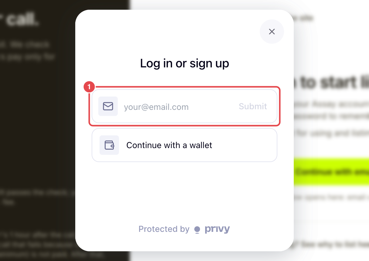 Sign-in window with the email field marked and Continue with a wallet below