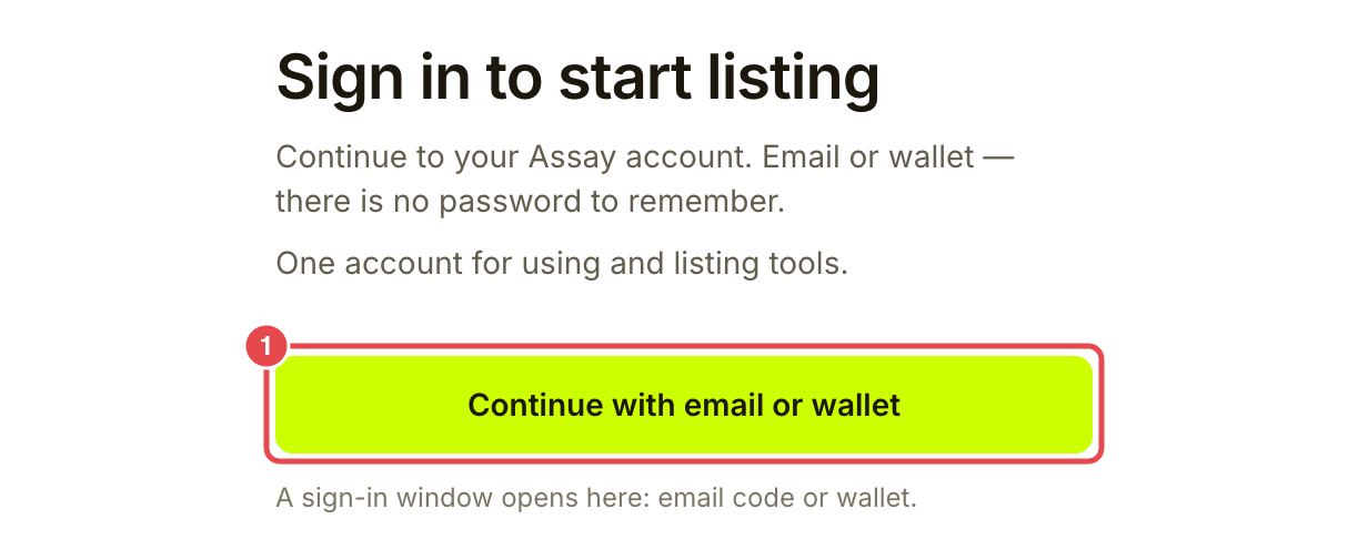 Provider sign-in page with Continue with email or wallet marked