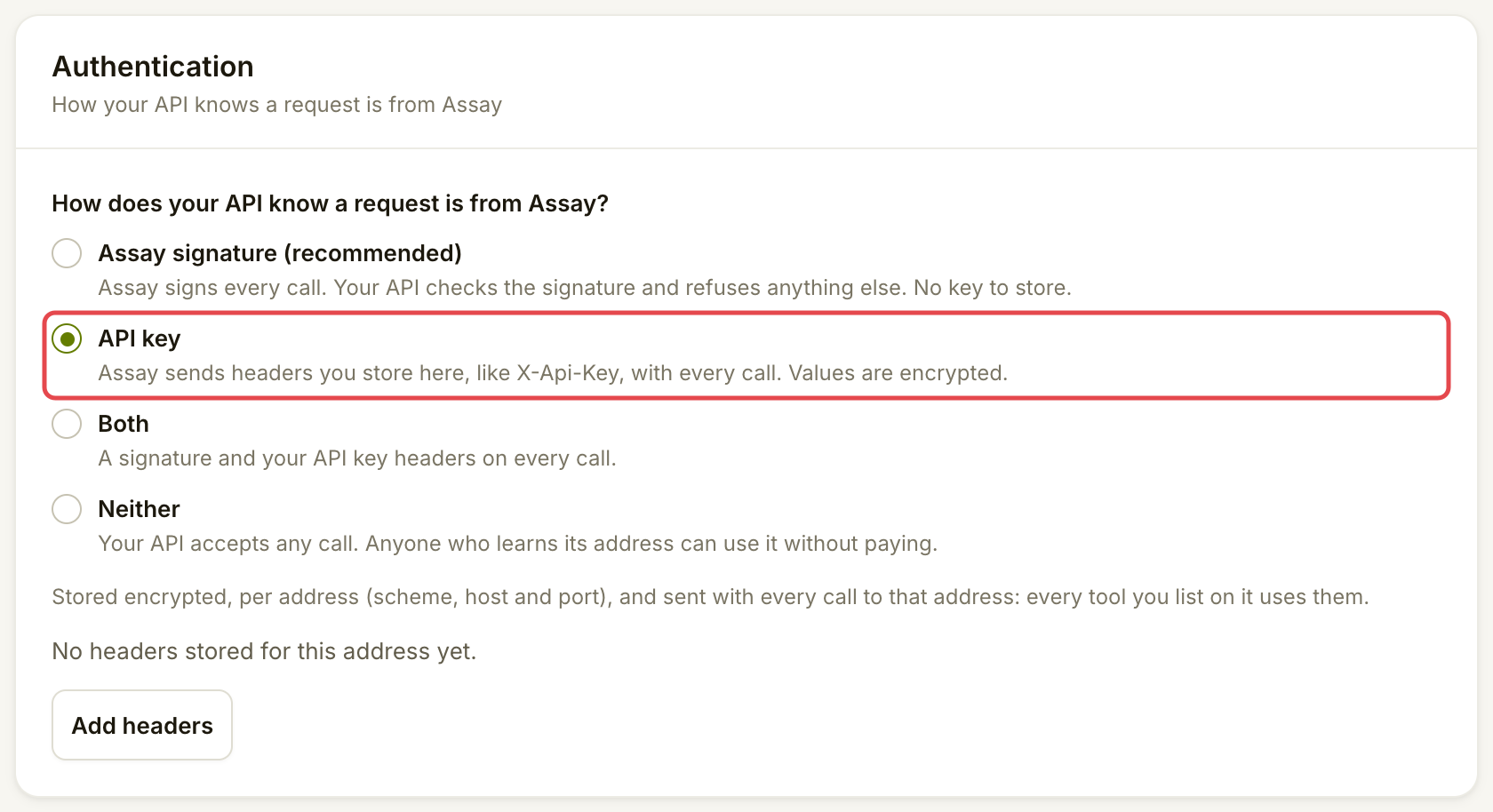 Authentication choices with API key selected