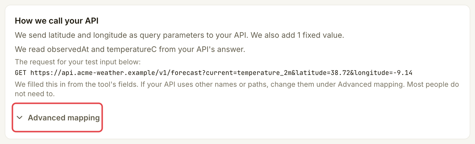 How we call your API card with sample coordinates and Advanced mapping marked