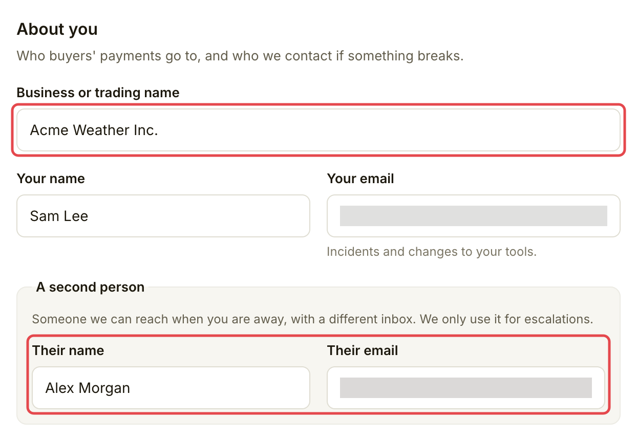 About you form with the business name and second contact marked, and emails blurred