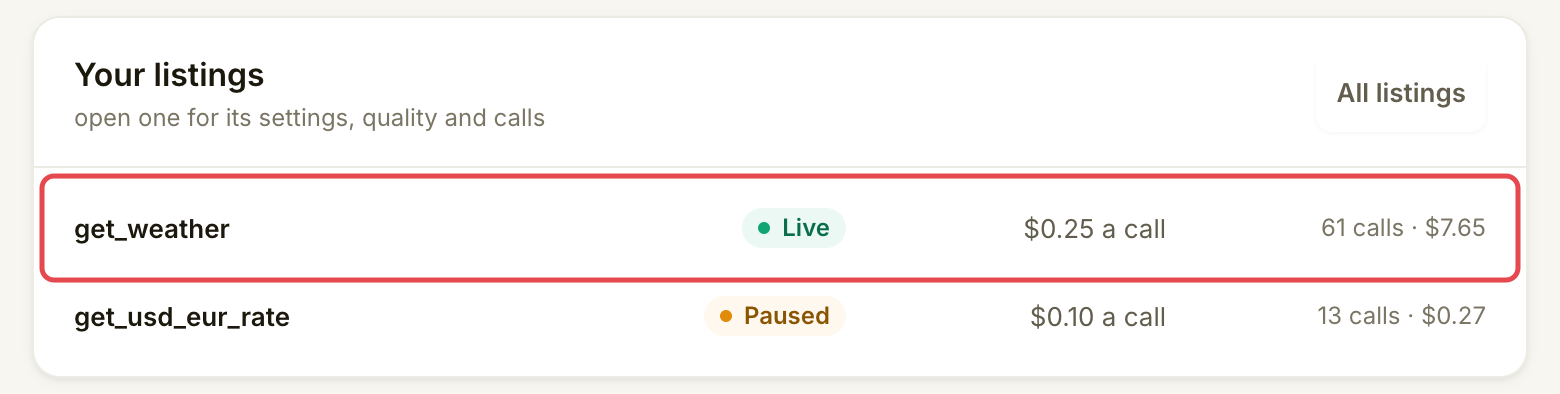 Home's Your listings card showing calls and earnings beside each tool