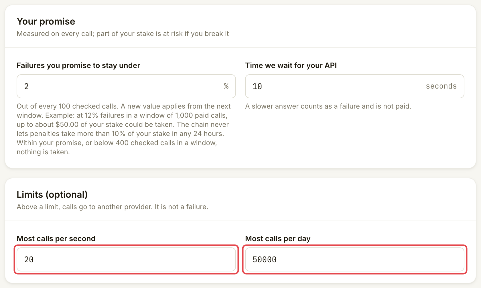 Your promise and Limits cards with calls per second and calls per day marked
