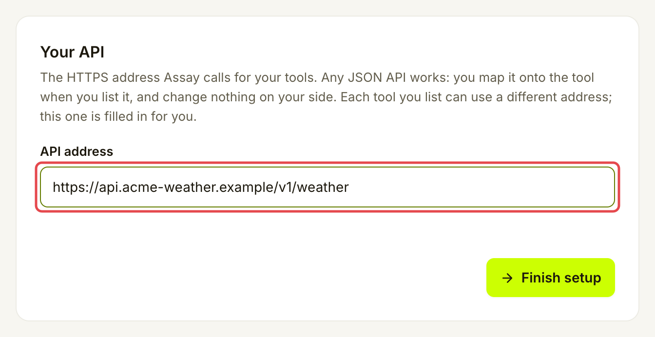 Your API setup card with the API address field marked
