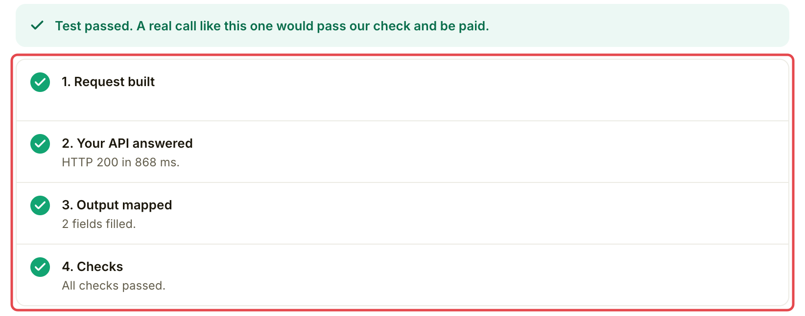 Weather test result showing the request, API answer, mapped output and checks