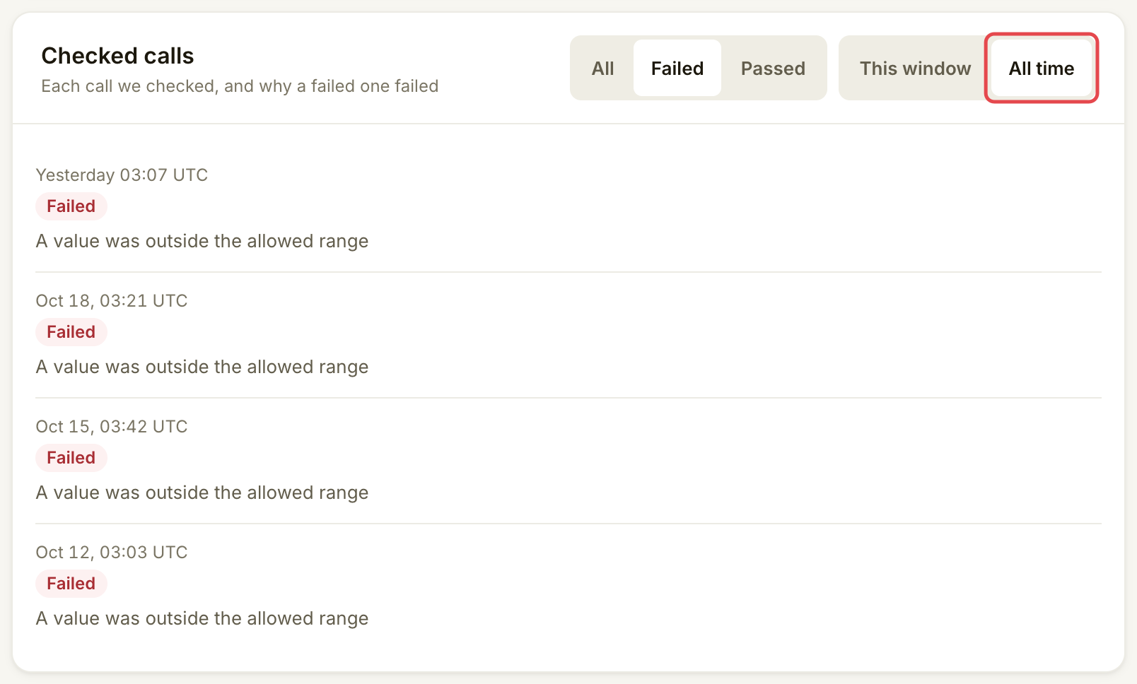 Checked calls filtered to Failed with All time selected