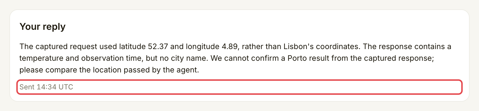 Saved provider reply with its Sent timestamp and no editable reply form