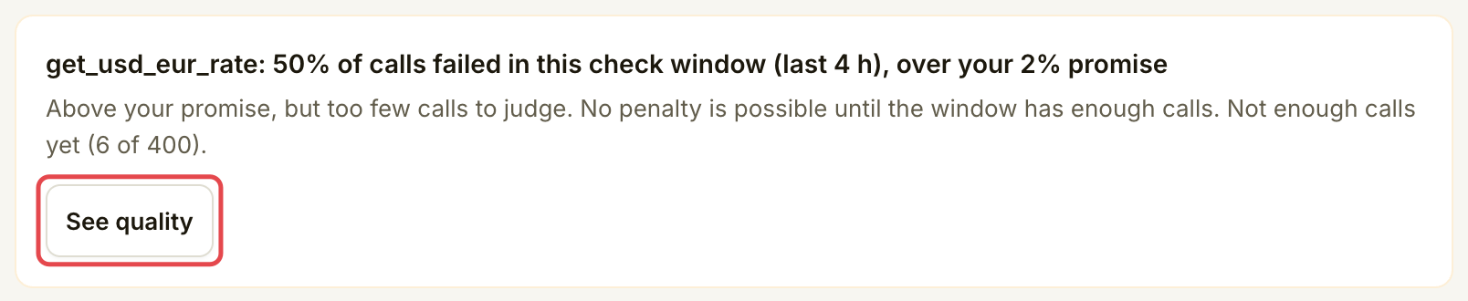 Quality notice for the currency tool with See quality marked