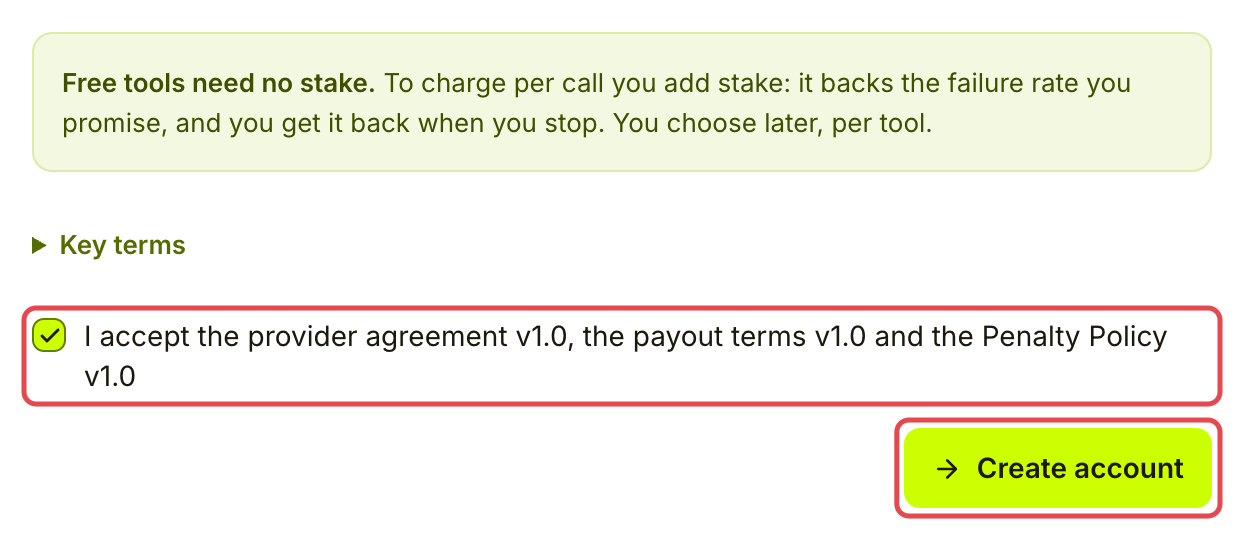 New account terms with an active checked acceptance box and Create account marked