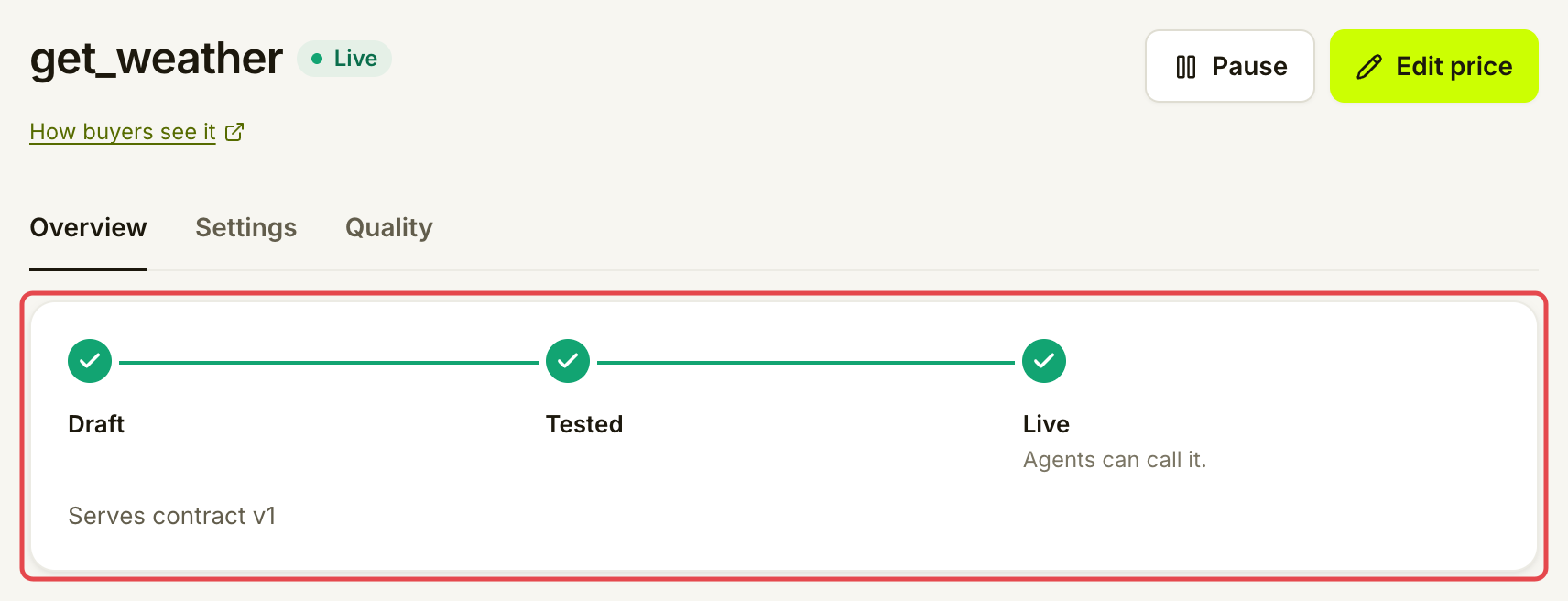 Weather listing Overview showing its Live state and listing timeline