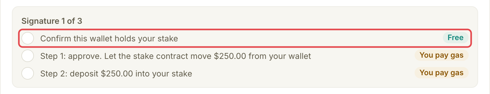 Add stake signature list showing wallet ownership proof, approval and deposit as separate steps