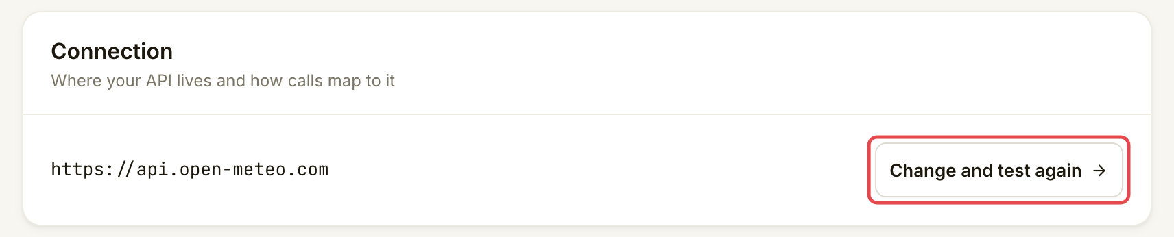 Connection card showing the saved address and Change and test again marked