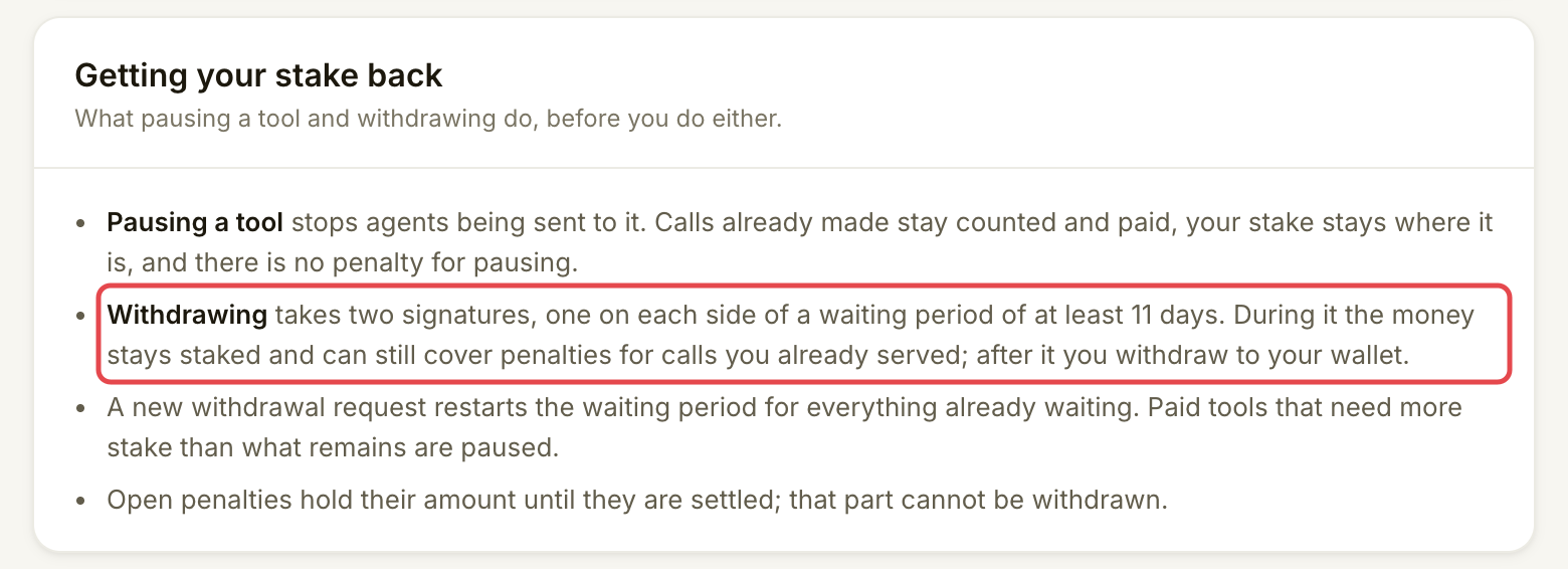 Getting your stake back card explaining the waiting period, restarted clocks and penalty holds