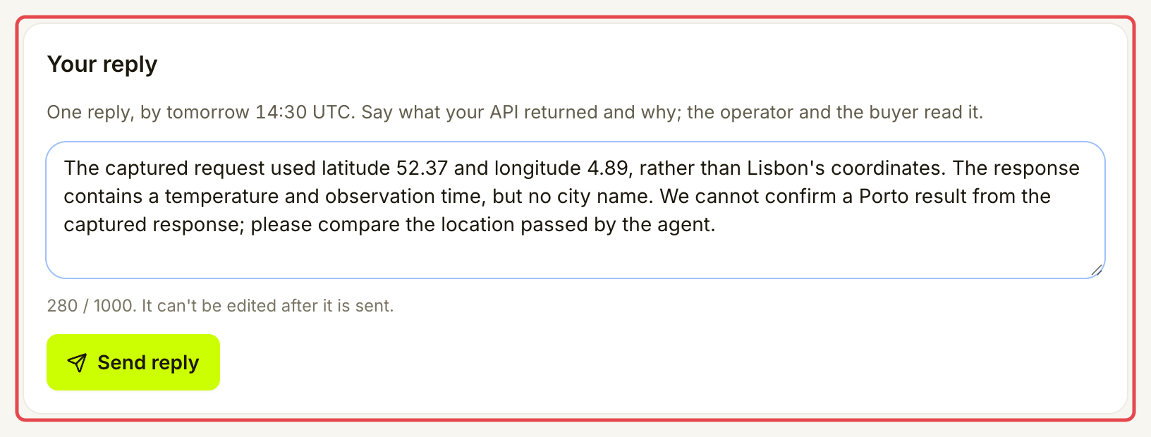 Filled provider reply explaining what the captured coordinates and response can establish, with Send reply available