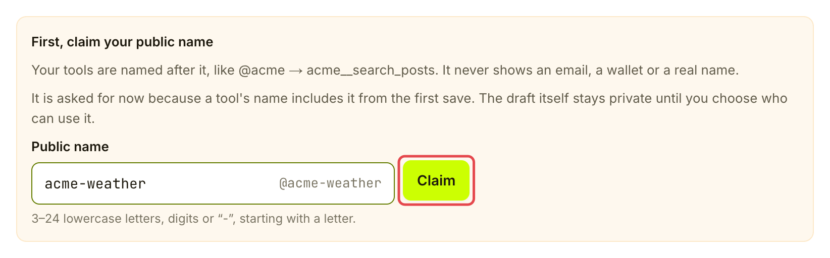 Public name claim form before submission, with the public name field and Claim marked