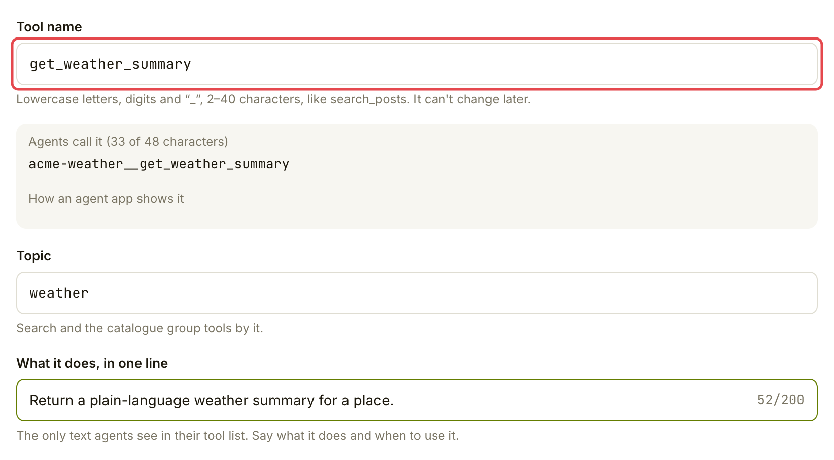 New API form showing a weather summary tool name, topic and one-line description