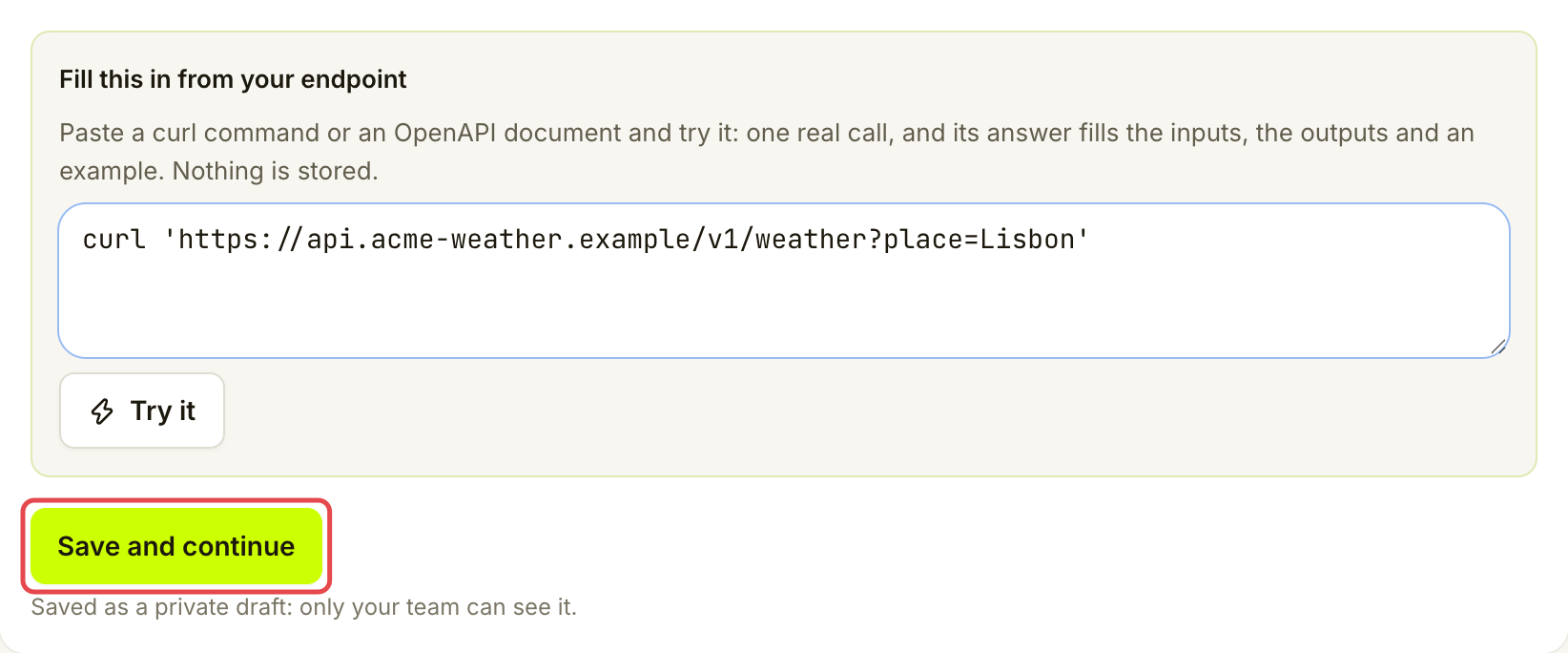 Endpoint helper filled with an example curl command and Save and continue marked