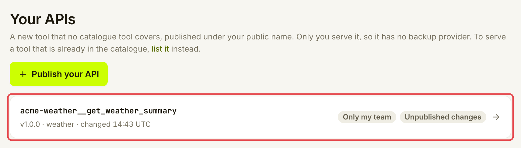 Your APIs list with the existing weather summary tool marked