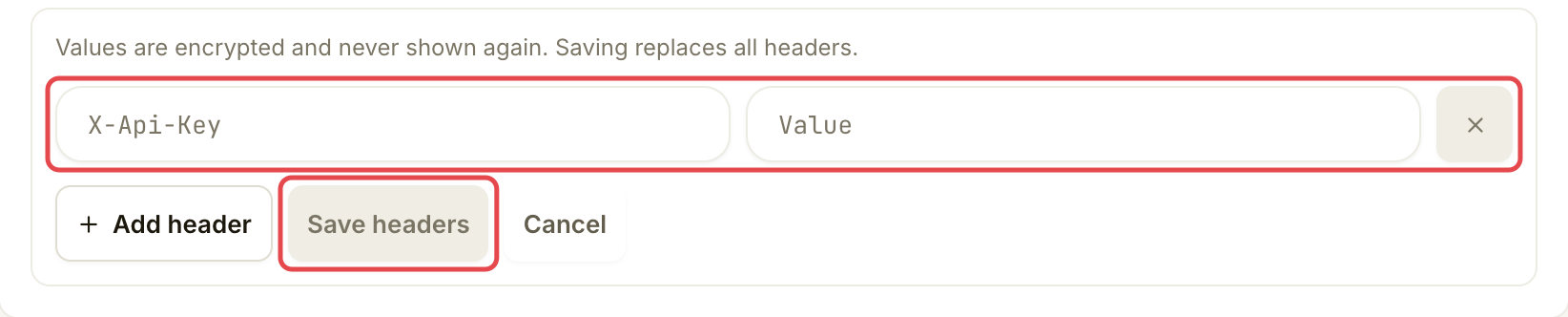 API key header form with the header fields and Save headers marked