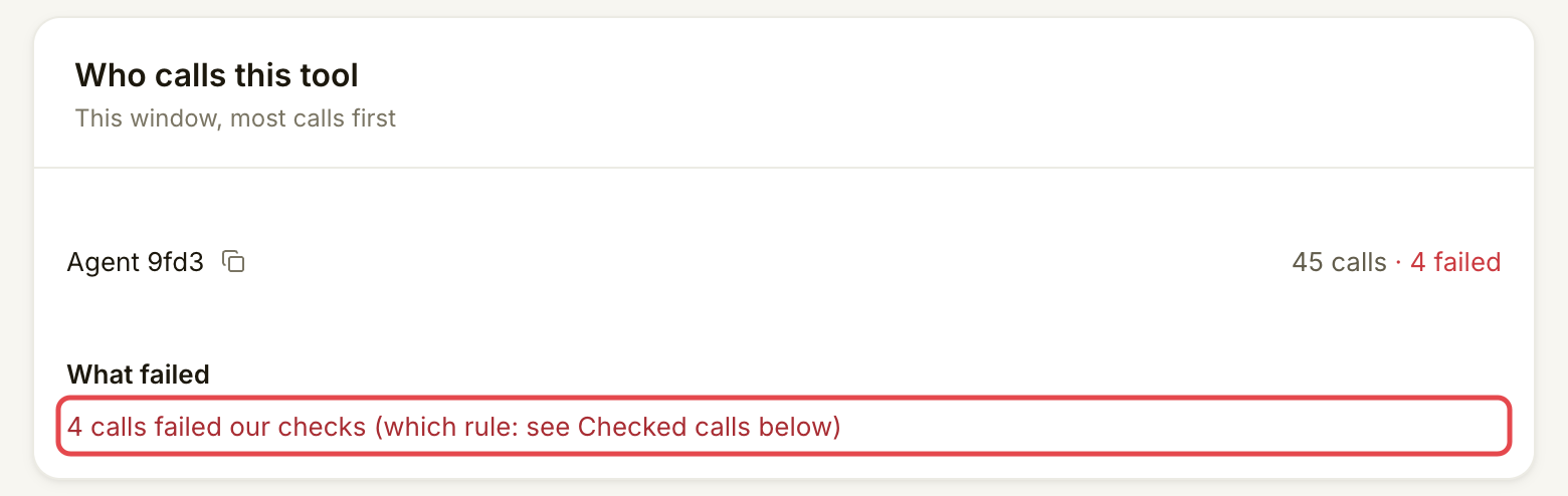 Quality evidence card grouping checked calls by agent and marking What failed