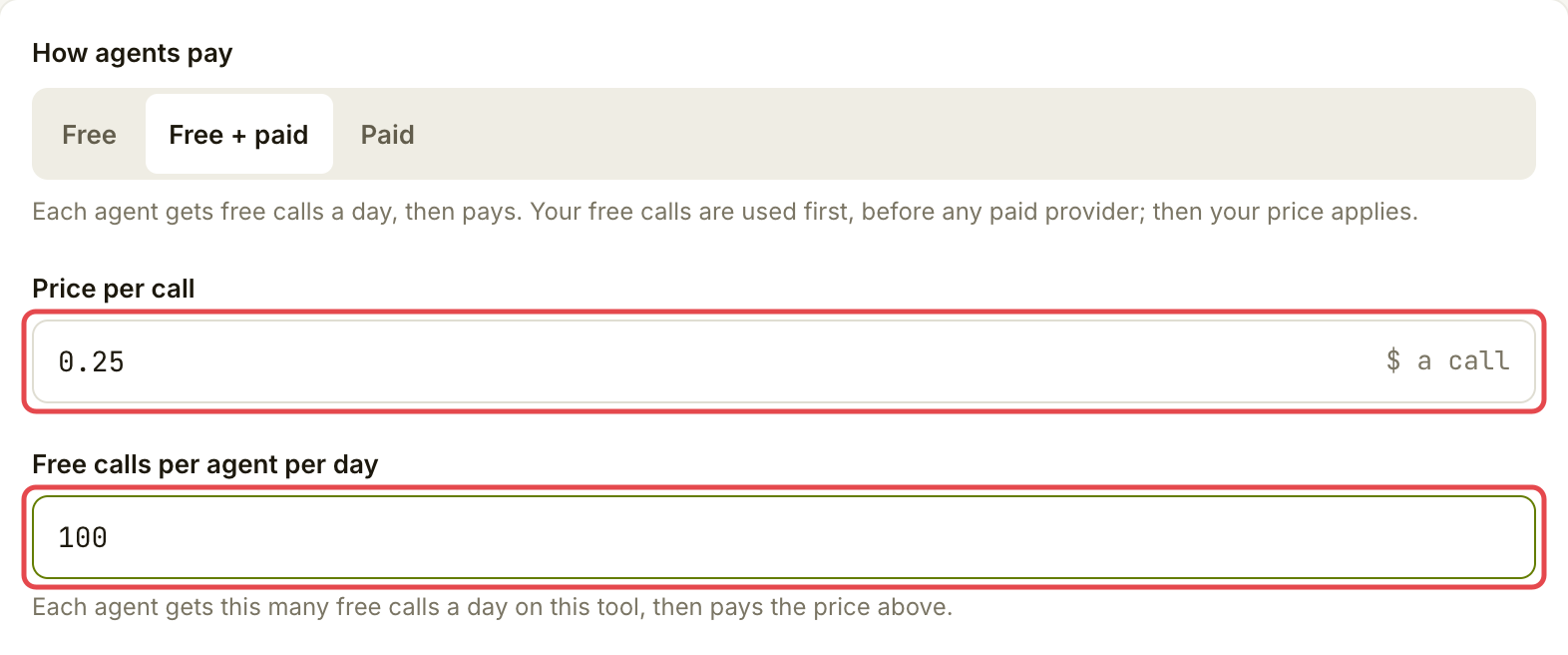 Go live pricing with Free + paid selected, a 100-call daily allowance and Price per call marked