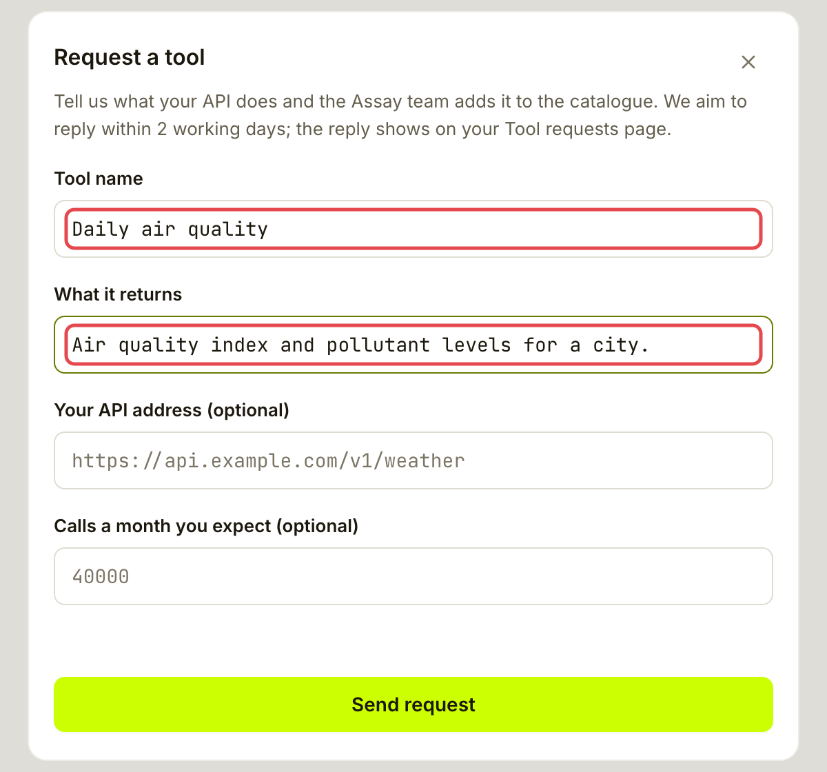 Request a tool form filled with Daily air quality and a description of the answer